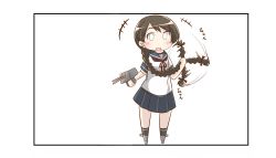 Rule 34 | 10s, 1koma, bad id, bad twitter id, blue skirt, braid, brown hair, chibi, comic, commentary request, gun, hair over shoulder, hair ribbon, highres, holding, holding gun, holding weapon, kantai collection, long hair, looking at viewer, miniskirt, nanakusa suzuna, open mouth, pig tail, playing with own hair, pleated skirt, ribbon, school uniform, serafuku, simple background, single braid, skirt, tail, tress ribbon, uranami (kancolle), weapon, white background
