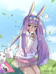 Rule 34 | !, 1girl, alternate costume, animal ears, animal hood, blue sky, blush, brown skirt, closed mouth, cloud, commentary request, dark-skinned female, dark skin, day, eating, facial mark, fate/grand order, fate (series), food, food on face, grass, hair between eyes, hairband, hands up, highres, holding, holding food, hood, hood down, hoodie, jackal ears, long hair, long sleeves, medjed (fate), mito (go!go!king!), nitocris (fate), on grass, onigiri, outdoors, pleated skirt, purple hair, red eyes, rice, rice on face, sidelocks, sitting, skirt, sky, sleeves past wrists, spoken exclamation mark, translation request, twitter username, very long hair, white hoodie