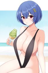 Rule 34 | 1girl, amane (senran kagura), arm at side, armpit crease, bare arms, bare shoulders, beach, black slingshot swimsuit, blue hair, blue sky, blush, breasts, cleavage, closed mouth, collarbone, commentary request, cowboy shot, crossed bangs, day, food, hair between eyes, hair ornament, hairclip, hand up, highres, holding, holding food, holding ice cream, horizon, ice cream, ice cream cone, large breasts, letterboxed, looking at viewer, navel, ocean, outdoors, outside border, red eyes, senran kagura, senran kagura new link, short hair, sitting, sky, slingshot swimsuit, soft serve, solo, stomach, surippa1010, swimsuit