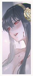 Rule 34 | 1girl, bare shoulders, black hair, blood, blood on body, blood on face, breasts, cleavage, close-up, cropped shoulders, earrings, eyelashes, gold earrings, gold hairband, hair between eyes, hair ornament, hairband, jewelry, large breasts, licking lips, lips, long hair, maeshima shigeki, nude, open mouth, parted lips, portrait, red eyes, simple background, smile, solo, spy x family, tongue, tongue out, yor briar