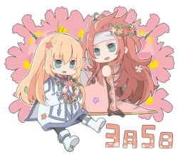 Rule 34 | 00s, 1boy, 1girl, blonde hair, blue eyes, chibi, coat, colette brunel, dated, floral background, flower, headband, long hair, no nose, pantyhose, red hair, shoes, sitting, smile, tales of (series), tales of symphonia, yakigyouza, zelos wilder