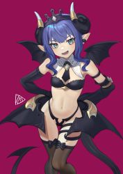 Rule 34 | 1girl, absurdres, aqua eyes, asymmetrical sleeves, bandeau, black panties, blue hair, blush, breasts, commentary, crown, curled horns, demon girl, demon horns, demon tail, demon wings, earrings, elbow gloves, gloves, highres, horns, jewelry, looking at viewer, magenta background, medium hair, navel, open mouth, original, panties, pink background, pink pupils, pointy ears, redauto, simple background, single earring, small breasts, smile, solo, symbol-only commentary, tail, thigh bow, thigh gap, thighhighs, thighs, underwear, wings
