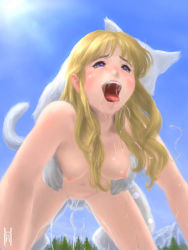 Rule 34 | 1girl, ahegao, all fours, alternate color, bestiality, blonde hair, blush, breasts, chunsoft, dog, doggystyle, dragon quest, dragon quest ii, enix, fucked silly, kneeling, long hair, nipples, nude, open mouth, outdoors, princess of moonbrook, sex, sex from behind, sky, small areolae, small nipples, smile, solo focus, tongue, tongue out, vaginal, xiin