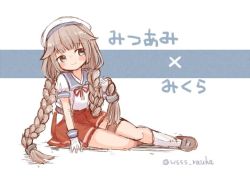 Rule 34 | 1girl, alternate hairstyle, blue sailor collar, braid, commentary request, gloves, green eyes, grey hair, hat, hip vent, kantai collection, long hair, looking to the side, low twintails, mikura (kancolle), pleated skirt, puffy short sleeves, puffy sleeves, red skirt, sailor collar, sailor hat, sailor shirt, school uniform, serafuku, shirt, short sleeves, sitting, skirt, socks, solo, translation request, twin braids, twintails, twitter username, white gloves, white shirt, white socks, wss (nicoseiga19993411), yokozuwari