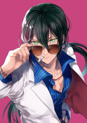 Rule 34 | 1boy, alternate costume, black hair, cigarette, collarbone, commentary request, fate/grand order, fate (series), green eyes, hair between eyes, long hair, long sleeves, looking at viewer, male focus, mouth hold, pectorals, pink background, ponytail, simple background, smile, smoking, solo, soso (sosoming), sunglasses, yan qing (fate)