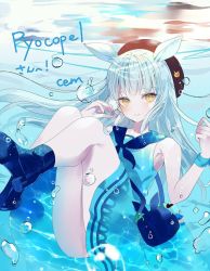 Rule 34 | 1girl, bag, blue hair, boots, bubble, chiemo (xcem), commission, dress, facing viewer, handbag, hat, long hair, looking at viewer, original, sailor dress, skeb commission, smile, solo, underwater, very long hair, vrchat, water, yellow eyes