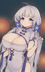 Rule 34 | 1girl, ahoge, azur lane, blue eyes, breasts, china dress, chinese clothes, cleavage, cleavage cutout, clothing cutout, covered navel, cowboy shot, dress, huge breasts, illustrious (azur lane), illustrious (maiden lily&#039;s radiance) (azur lane), jorin, long hair, looking at viewer, low twintails, mole, mole under eye, side slit, solo, twintails, very long hair, white dress, white hair