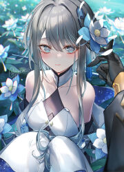 Rule 34 | 1boy, 1girl, :3, absurdres, aqua eyes, bare shoulders, black gloves, blurry, blush, breasts, commentary request, depth of field, flower, genshin impact, glaze lily, gloves, grey hair, guizhong (genshin impact), hair flower, hair ornament, hair stick, highres, looking at viewer, outdoors, pottsness, pov, pov hands, short hair with long locks, sleeves past fingers, sleeves past wrists, small breasts, smile, turtleneck, twitter username, two-tone dress, zhongli (genshin impact)