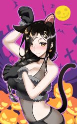 Rule 34 | 1girl, animal ears, animal hands, bat (animal), black gloves, black hair, black leotard, black shirt, black shorts, blush, braid, breasts, brown eyes, cat ears, cat tail, cleavage, commentary request, covering breasts, covering privates, earrings, full moon, fur-trimmed shirt, fur trim, gloves, graveyard, hair ornament, hair over shoulder, hair tie, hairclip, halloween, halloween costume, highres, jack-o&#039;-lantern, jewelry, kemonomimi mode, koishikawa, large breasts, leotard, leotard under clothes, long hair, looking at viewer, moon, navel, night, nijisanji, partial commentary, paw gloves, paw pose, pink sky, purple outline, see-through, shirayuki tomoe, shirt, shorts, single braid, sky, solo, swept bangs, tail, virtual youtuber