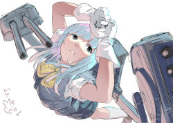 Rule 34 | 1girl, adapted turret, blue hair, blunt bangs, bow, bowtie, cannon, collared shirt, dress shirt, from above, gegeron, gloves, grey eyes, grey skirt, grey vest, hatsukaze (kancolle), highres, kantai collection, light blue hair, looking up, machinery, one-hour drawing challenge, parted lips, pleated skirt, school uniform, shirt, simple background, skirt, solo, turret, vest, white background, white gloves, white shirt, yellow bow, yellow bowtie