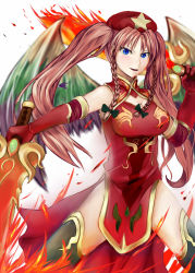 Rule 34 | 1girl, alternate hairstyle, blue eyes, braid, china dress, chinese clothes, cleavage cutout, clothing cutout, cosplay, dress, elbow gloves, fire, gloves, hat, hong meiling, leilan (p&amp;d), leiran (p&amp;d), noodo alpha, puzzle &amp; dragons, red hair, solo, sword, thighhighs, touhou, twin braids, twintails, weapon, wings