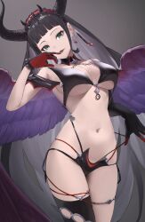 Rule 34 | 1girl, absurdres, asymmetrical gloves, bikini, bikini bottom pull, black bikini, black gloves, black hair, blunt bangs, boots, breasts, commentary request, demon horns, drop earrings, earrings, elbow gloves, feathered wings, frilled hairband, frills, gloves, gradient background, granblue fantasy, green eyes, hairband, hand to own mouth, highleg, highleg bikini, highres, horns, jewelry, large breasts, long hair, looking at viewer, magus (granblue fantasy), matsukan (dug pile), mismatched gloves, multi-strapped bikini bottom, navel, open mouth, pulled by self, red gloves, simple background, single elbow glove, single glove, single thigh boot, smile, solo, swimsuit, thigh boots, thigh strap, two-tone gloves, very long hair, wings