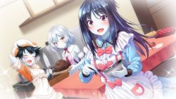 Rule 34 | 3girls, :d, aleister air, alternate costume, anna tristos, apron, arm behind back, black hair, blush, bow, bowl, brown eyes, chocolate, closed eyes, formation girls, game cg, grey hair, hat, holding, holding bowl, holding knife, indoors, kitchen, knife, long hair, looking at viewer, marina fudou, multicolored hair, multiple girls, official art, open mouth, pale skin, pink bow, purple eyes, short hair, smile, table, tenkuu nozora, two-tone hair, valentine, white apron, white hair
