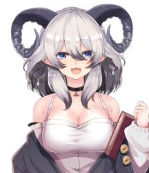 Rule 34 | 1girl, animated, blue eyes, book, breasts, crop top, demon girl, demon horns, horns, khibiki, large breasts, live2d, mole, mole under eye, north yuka, official art, pale skin, pointy ears, project-sp, revealing clothes, sheep horns, silver hair, solo, virtual youtuber, white background