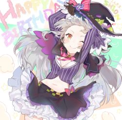 Rule 34 | 1girl, black capelet, black gloves, black hat, black skirt, blunt bangs, blush, bow, brooch, capelet, character name, closed mouth, commentary, crop top, gloves, green eyes, happy birthday, hat, hat bow, highres, hololive, jewelry, long hair, long sleeves, looking at viewer, lowleg, lowleg skirt, midriff, multicolored eyes, murasaki shion, murasaki shion (1st costume), nana kagura, navel, orange eyes, pinstripe pattern, pinstripe shirt, ribbon, shirt, silver hair, skirt, smile, solo, striped clothes, striped shirt, vertical-striped clothes, vertical-striped shirt, virtual youtuber, witch hat