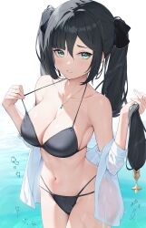 Rule 34 | 1girl, absurdres, alternate costume, aqua eyes, bare shoulders, bikini, black bikini, black hair, breasts, cleavage, collarbone, commentary, cowboy shot, genshin impact, hair lift, hair ornament, hair ribbon, halterneck, hands up, highres, holding, holding own hair, jewelry, large breasts, long hair, looking at viewer, mona (genshin impact), multi-strapped bikini bottom, navel, necklace, off shoulder, open clothes, open shirt, paid reward available, parted lips, pulling own clothes, ribbon, rosumerii, shirt, shirt partially removed, solo, sparkle, star (symbol), star hair ornament, stomach, strap lift, strap pull, string bikini, swimsuit, thighs, twintails, very long hair, wading, water, wet, wet clothes, wet shirt, white shirt