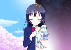 Rule 34 | 1girl, blue hair, blush, bow, bowtie, choker, closed eyes, commentary request, earrings, gloves, hair between eyes, hands on own chest, jewelry, long hair, long sleeves, love live!, love live! school idol project, m-shiganai, music s.t.a.r.t!!, night, night sky, otonokizaka school uniform, red bow, red bowtie, school uniform, short sleeves, sky, smile, solo, sonoda umi, split theme, star (sky), starry sky, striped bow, striped bowtie, striped clothes, striped neckwear, tiara, upper body, white gloves