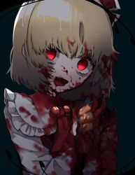 Rule 34 | 1girl, ascot, blonde hair, blood, blood in mouth, blood on clothes, blood on face, blood on hands, commentary request, eating, fang, guro, highres, intestines, long sleeves, open mouth, red ascot, red eyes, rumia, sabapi oo, shirt, short hair, skin fang, smile, solo, teeth, touhou, upper teeth only, white shirt