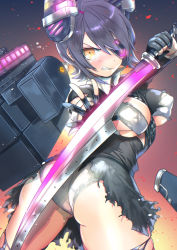 Rule 34 | 10s, 1girl, ass, black hair, black thighhighs, blush, breasts, clenched teeth, eyepatch, fingerless gloves, gloves, headgear, highres, kantai collection, large breasts, looking at viewer, looking back, md5 mismatch, necktie, panties, partially fingerless gloves, personification, resolution mismatch, school uniform, short hair, skirt, solo, source smaller, sword, tears, teeth, tenryuu (kancolle), thighhighs, torn clothes, torn skirt, torn thighhighs, underwear, weapon, white panties, yanyo (ogino atsuki), yellow eyes