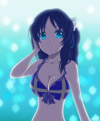 Rule 34 | 10s, 1girl, absurdres, adjusting hair, aqua background, arm up, bikini, blue bikini, blue eyes, blue hair, blurry, breasts, cleavage, dated, depth of field, frilled bikini, frills, front-tie bikini top, front-tie top, galaxyart, gradient background, highres, hiradaira chisaki, large breasts, light particles, long hair, looking at viewer, matching hair/eyes, nagi no asukara, narrow waist, navel, one side up, parted bangs, parted lips, scrunchie, side ponytail, signature, solo, swimsuit, upper body