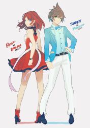 Rule 34 | 1boy, 1girl, astralmastery, belt, blue eyes, blue suit, bow, bowtie, brown hair, buttons, dress, earrings, feather earrings, feathers, formal, green eyes, grey background, hair rings, high heels, highres, jewelry, pants, red dress, red hair, ribbon, rose (tales), simple background, sorey (tales), suit, tales of (series), tales of zestiria, white pants