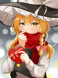 Rule 34 | 1girl, black hat, black jacket, blonde hair, blurry, blush, bow, box, braid, commentary request, covered mouth, depth of field, hair bow, hat, hat bow, heart-shaped box, highres, jacket, kirisame marisa, large hat, long hair, long sleeves, looking at viewer, pink bow, red scarf, scarf, scarf over mouth, shirt, single braid, sketch, solo, temmie (temi maru), touhou, upper body, valentine, white bow, white shirt, witch hat, yellow eyes