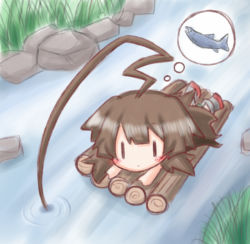 Rule 34 | 1girl, ahoge, blush, brown hair, closed mouth, commentary request, day, fish, fishing, grey footwear, hair between eyes, huge ahoge, kantai collection, komakoma (magicaltale), kuma (kancolle), long hair, lying, on stomach, outdoors, raft, rock, solo, stream, thought bubble, very long hair, water, | |, || ||