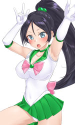 Rule 34 | 1girl, aimobake, arms up, back bow, bad id, bad twitter id, black hair, blue eyes, bow, breasts, choker, commentary request, cosplay, covered navel, cowboy shot, gloves, green choker, green sailor collar, green skirt, hair bobbles, hair ornament, highres, idolmaster, idolmaster cinderella girls, large breasts, leotard, long hair, looking at viewer, miniskirt, open mouth, pink bow, pleated skirt, ponytail, sailor collar, sailor jupiter, sailor jupiter (cosplay), sailor senshi uniform, simple background, skirt, sleeveless, solo, standing, sugisaka umi, swept bangs, w, white background, white gloves, white leotard