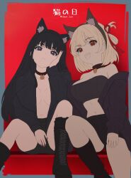 Rule 34 | 2girls, absurdres, animal ear hairband, animal ears, black choker, black footwear, black hair, black jacket, black shorts, boots, breasts, cat ears, choker, cleavage, commentary, crop top, edgar syu, english commentary, fake animal ears, fang, film grain, hair ribbon, hairband, head rest, highres, inoue takina, jacket, large breasts, long hair, looking at viewer, lycoris recoil, multiple girls, navel, nishikigi chisato, off shoulder, one side up, open clothes, open jacket, open mouth, purple eyes, purple nails, red eyes, red ribbon, ribbon, shorts, sidelocks, small breasts, stomach, teeth, translated, twitter username, upper teeth only