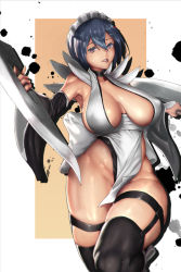 Rule 34 | 1girl, absurdres, apron, black leotard, breasts, butterfly swords, curvy, highleg, highleg leotard, highres, holding, holding weapon, iroha (samurai spirits), large breasts, leotard, leotard under clothes, maid, maid apron, maid headdress, open mouth, samurai spirits, shiny skin, simple background, solo, strapless, strapless leotard, thong leotard, weapon, wide hips