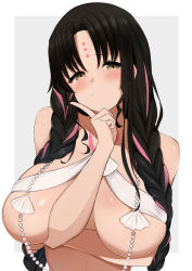 Rule 34 | 1girl, :t, bad id, bad pixiv id, bare shoulders, bead necklace, beads, bikini, black hair, blush, braid, breasts, collarbone, facial mark, fate/grand order, fate (series), finger to cheek, forehead mark, highres, huge breasts, jewelry, large breasts, long hair, multicolored hair, narusan beam2, necklace, parted bangs, pink hair, pink sarong, pout, seashell, sessyoin kiara, sessyoin kiara (swimsuit mooncancer), shell, shiny skin, solo, streaked hair, swimsuit, twin braids, upper body, very long hair, white bikini, yellow eyes