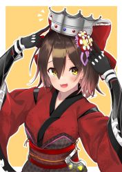 Rule 34 | 1girl, absurdres, android, blush, bow, breasts, brown hair, commentary, crown, eyes visible through hair, floral print, flower, glint, gradient hair, hair between eyes, hair bow, hair flower, hair ornament, hair ribbon, highres, hololive, japanese clothes, kimono, large bow, looking at viewer, mechanical arms, medium breasts, multicolored hair, obi, open mouth, orange background, red hair, red kimono, ribbon, roboco-san, roboco-san (new year), sash, satobitob, short hair, simple background, smile, solo, spider lily, spider lily print, two-tone hair, upper body, virtual youtuber, yellow eyes