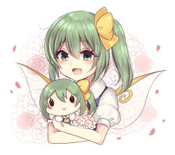 Rule 34 | 1girl, ascot, blush, blush stickers, bouquet, character doll, crossed arms, daiyousei, dot nose, fairy wings, floral background, flower, green eyes, green hair, hair between eyes, highres, looking at viewer, open mouth, petals, puffy short sleeves, puffy sleeves, short hair, short sleeves, side ponytail, smile, solid oval eyes, solo, subaru (subachoco), touhou, upper body, wings, yellow ascot
