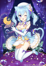 Rule 34 | 1girl, animal ears, apple caramel, bare shoulders, blue eyes, blue hair, cat ears, cat tail, commentary request, crescent moon, dress, elbow gloves, gloves, hair between eyes, highres, kneeling, light blue dress, light blue hair, looking at viewer, moon, official art, one eye closed, open mouth, original, solo, tail, thighhighs, white gloves, white thighhighs