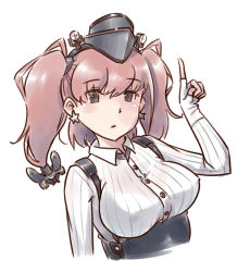 Rule 34 | 1girl, anchor hair ornament, atlanta (kancolle), black hat, black skirt, bra visible through clothes, breasts, brown hair, commentary request, dress shirt, earrings, expressionless, garrison cap, grey eyes, hair ornament, hat, high-waist skirt, jewelry, kantai collection, karasu (naoshow357), large breasts, long hair, long sleeves, looking at viewer, pointing, pointing up, shirt, skirt, solo, star (symbol), star earrings, suspender skirt, suspenders, two side up, upper body, white shirt