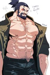 Rule 34 | 1boy, abs, arm hair, bara, bare pectorals, beard, blue hair, bulge, chest hair, collarbone, dark blue hair, eyeshadow, facial hair, final fantasy, final fantasy xiv, glasses, jacket, large pectorals, makeup, male focus, male pubic hair, mature male, muscular, muscular male, navel, navel hair, nipples, no male underwear, obliques, open clothes, open jacket, open pants, pants, pectorals, ponytail, pubic hair, red eyeshadow, roegadyn, round eyewear, rybiok, sleeves rolled up, solo, stomach, thai text, thick eyebrows, translation request, warrior of light (ff14)