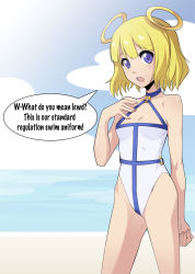 Rule 34 | 1girl, bad id, bad tumblr id, bare shoulders, blonde hair, breasts, choker, chuunioniika, english text, fearless night, halo, halterneck, highres, looking at viewer, nail polish, ocean, one-piece swimsuit, purple eyes, short hair, small breasts, solo, speech bubble, swimsuit, uri (fearless night)