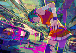 Rule 34 | 1girl, bandages, bare shoulders, bucket, car, colorful, dutch angle, eyepatch, from behind, garage, goggles, goggles on head, green hair, grin, gumi, hands on own hips, headset, looking at viewer, motor vehicle, nail polish, paint, paint splatter, perspective, short hair, smile, solo, thighhighs, torn clothes, torn thighhighs, vehicle, vocaloid, wristband, zain