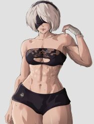 Rule 34 | 1girl, 2b (nier:automata), abs, alternate costume, arm at side, bandaged hand, bandages, black blindfold, black hairband, black sports bra, blindfold, boyshort panties, bra, breasts, cleavage cutout, clothing cutout, collarbone, cowboy shot, hairband, hand up, highres, insignia, lace, lace bra, looking at viewer, mole, mole under mouth, navel, nier:automata, nier (series), short hair, simple background, small breasts, solo, sports bra, stomach, sweat, sweatdrop, thick thighs, thighs, toned, underwear, white background, yoracrab