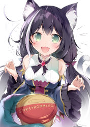 Rule 34 | 1girl, absurdres, animal ear fluff, animal ears, animal print, bare shoulders, black hair, black sleeves, blush, breasts, can, cat ears, cat girl, cat tail, commentary request, detached sleeves, dress, fang, fish print, gem, green eyes, highres, holding, holding can, karory, karyl (princess connect!), long hair, looking at viewer, low twintails, multicolored hair, open mouth, princess connect!, simple background, sleeveless, sleeveless dress, smile, solo focus, streaked hair, swedish text, tail, tail raised, twintails, very long hair, white background, white hair