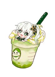 Rule 34 | 1girl, :d, aranara (genshin impact), bare shoulders, blush, cross-shaped pupils, cup, disposable cup, dress, drinking straw, eyelashes, genshin impact, gradient hair, green eyes, green hair, hair between eyes, hair ornament, hands up, highres, in container, in cup, kogamo (user vajm2737), long hair, looking at viewer, mini person, minigirl, multicolored hair, nahida (genshin impact), open mouth, pointy ears, side ponytail, sidelocks, simple background, sleeveless, sleeveless dress, smile, solo, symbol-shaped pupils, whipped cream, white background, white hair