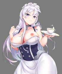 Rule 34 | 1girl, azur lane, belfast (azur lane), breasts, chain, collar, cup, grey background, highres, large breasts, long hair, looking at viewer, maid, maid headdress, nipples, purple eyes, simple background, skirt, sleeveless, smile, solo, teacup, white hair, white skirt, zijiang