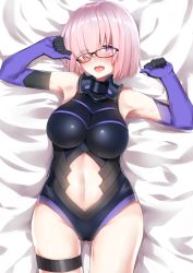 Rule 34 | 1girl, absurdres, alternate costume, bare shoulders, blush, breasts, clenched hands, clothing cutout, eyes visible through hair, fate/grand order, fate (series), glasses, gloves, gluteal fold, go-1, highres, large breasts, looking at viewer, mash kyrielight, navel, navel cutout, on bed, open mouth, pink hair, purple eyes, purple gloves, shiny clothes, short hair, skindentation, solo, thigh strap