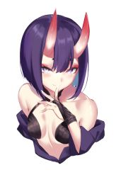 Rule 34 | 1girl, bad id, bad twitter id, bare shoulders, bob cut, breasts, bridal gauntlets, closed mouth, collarbone, fate/grand order, fate (series), hair between eyes, highres, horns, long hair, oni, purple eyes, purple hair, short hair, shuten douji (fate), simple background, skin-covered horns, small breasts, smile, solo, spider apple, upper body, white background
