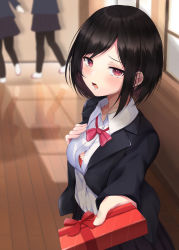 Rule 34 | 3girls, absurdres, bad id, bad pixiv id, black hair, black jacket, black legwear, black skirt, blurry, blurry background, bow, bowtie, box, bra, breasts, collared shirt, commentary, dress shirt, gift, gift box, hand on own chest, highres, holding, holding gift, incoming gift, indoors, jacket, kazanock, medium breasts, multiple girls, open mouth, original, pantyhose, parted bangs, pink eyes, pleated skirt, red bow, red bra, red neckwear, school uniform, shadow, shirt, short hair, skirt, solo focus, underwear, upper body, white footwear, white shirt, window, wooden floor