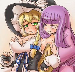 Rule 34 | 2girls, arm grab, armpits, black gloves, black headwear, blonde hair, blue bow, blue ribbon, blunt bangs, blush, bow, braid, breasts, bright pupils, brown background, cleavage cutout, clothing cutout, commentary request, cookie (touhou), covered erect nipples, dress, fang, gloves, green eyes, hair bow, hat, hat bow, kirisame marisa, large breasts, long hair, looking at another, mars (cookie), multiple girls, open mouth, otemoto (baaaaloooo), partially fingerless gloves, patchouli knowledge, purple dress, purple eyes, purple hair, rei no himo, ribbon, side braid, single braid, sleeveless, sleeveless dress, taisa (cookie), touhou, underbust, upper body, white bow, white dress, white pupils, witch hat