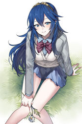 1girl ameno_(a_meno0) blue_eyes blue_hair blush bow bowtie brand_of_the_exalt fire_emblem fire_emblem_awakening flower hair_between_eyes holding holding_flower jacket long_hair lucina_(fire_emblem) nintendo on_grass open_clothes open_jacket pleated_skirt shirt sitting skirt smile solo sweater_vest tiara