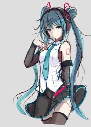 Rule 34 | 1girl, alternate hairstyle, arm behind back, arm up, bad id, bad pixiv id, black skirt, black thighhighs, blue necktie, closed eyes, closed mouth, cropped legs, derivative work, detached sleeves, double bun, grey background, hair bun, hand on own chest, hatsune miku, headset, long hair, long sleeves, miniskirt, necktie, qingye ling, shirt, shoulder tattoo, simple background, sketch, skirt, smile, solo, standing, tattoo, thighhighs, twintails, unfinished, very long hair, vocaloid, white shirt, zettai ryouiki