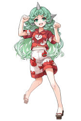 Rule 34 | 1girl, commentary request, full body, green eyes, green hair, highres, horns, komano aunn, long hair, looking at viewer, open mouth, paw pose, red shirt, shirt, shorts, sindre, single horn, solo, thighs, touhou, very long hair