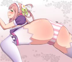 Rule 34 | 1girl, absurdres, ahoge, artist name, ass, body blush, breasts, bridal garter, commentary, female focus, food-themed hair ornament, fork, frills, from behind, green eyes, hair ornament, heart, heart hair ornament, highres, jay87k, large breasts, licking lips, looking back, manpukumaru chang, panties, pink hair, pink panties, puffy short sleeves, puffy sleeves, short sleeves, simple background, solo, sparkling eyes, spread legs, striped clothes, striped panties, thighhighs, tongue, tongue out, underwear, valkyrie drive, valkyrie drive -bhikkhuni-, white panties, white thighhighs